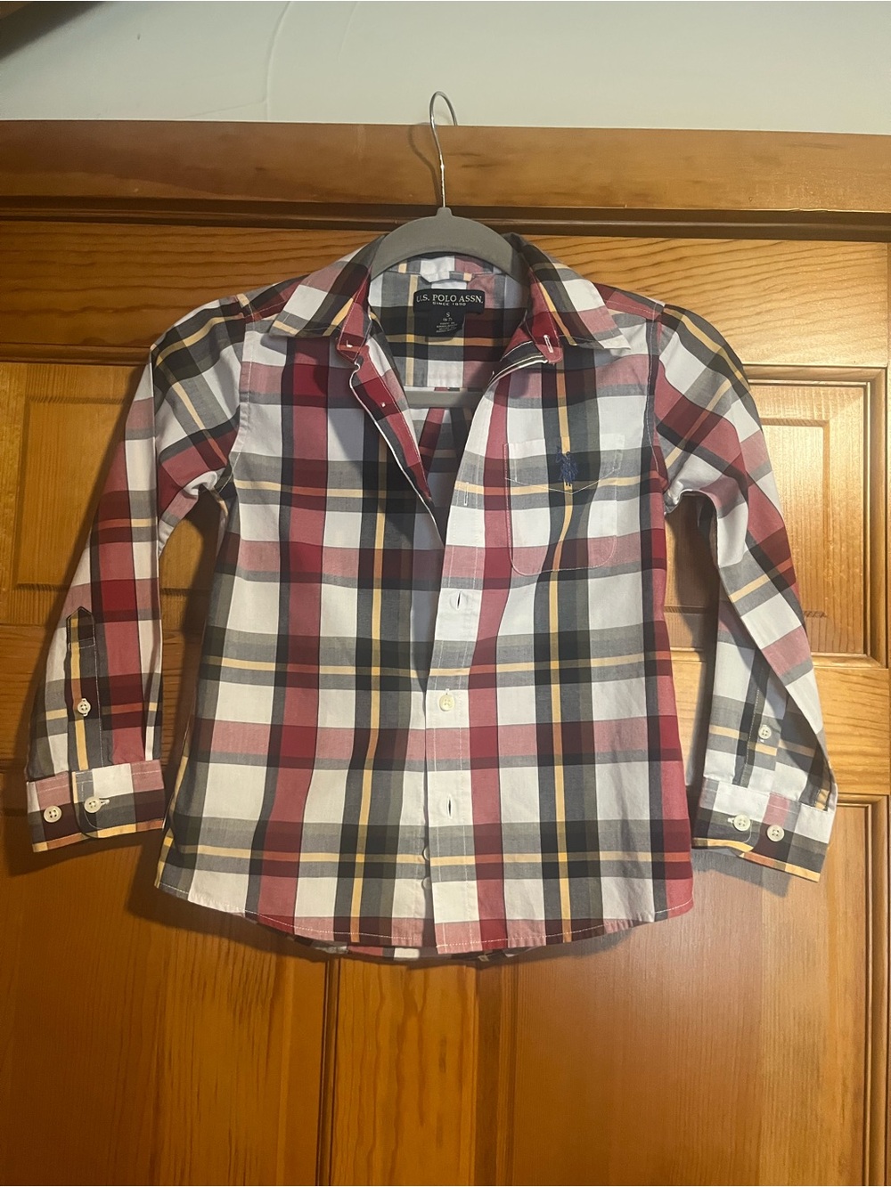 U.S. Polo Assn Kids Plaid Button Down Shirt Size 6-7 Small Burgundy Navy